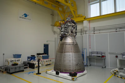 A Vulcain 2.1 engine that powers the Ariane 64 rocket is seen at the ArianeGroup's plant in Vernon, west of Paris, Wednesday, Feb. 4, 2026.