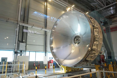 A partial view of assembly line of the Ariane 64 rocket, in Les Mureaux, west of Paris, Wednesday, Feb. 4, 2026.