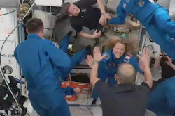 In this image from video provided by NASA, France’s Sophie Adenot, Russia’s Andrei Fedyaev and Americans Jessica Meir and Jack Hathaway greet colleagues as they enter the International Space Station after arriving on a SpaceX Dragon capsule on Saturday, Feb. 14, 2026.