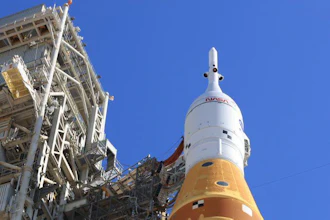 This image provided by NASA shows the NASA lunar rocket on the launch pad at Kennedy Space Center in Florida on Thursday, February 19, 2026.