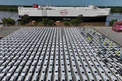 The BYD Changzhou car carrier is docked at Terminal Zarate in the Buenos Aires province of Argentina, Tuesday, Jan. 20, 2026, where hybrid and electric vehicles shipped from China are parked next to the ship.