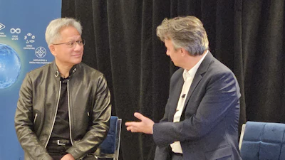 Nvidia CEO Jensen Huang (left) and Dassault Systèmes CEO Pascal Daloz at 3DEXPERIENCE World in Houston, Texas.