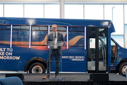 Blue Bird signed an agreement to acquire Girardin Group’s stake in the 50/50 Micro Bird joint venture. Established in 2009, Micro Bird specializes in designing and manufacturing Type A school and commercial shuttle buses with capacities ranging from 9 to 36 passengers. Pictured here is John Wyskiel, president and CEO of Blue Bird Corporation, at the Sept. 2025 grand opening of the Micro Bird manufacturing facility in Plattsburgh, N.Y.