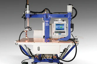 Industrial robotic welding machine with blue frame, control panel, and articulated arm for automated manufacturing