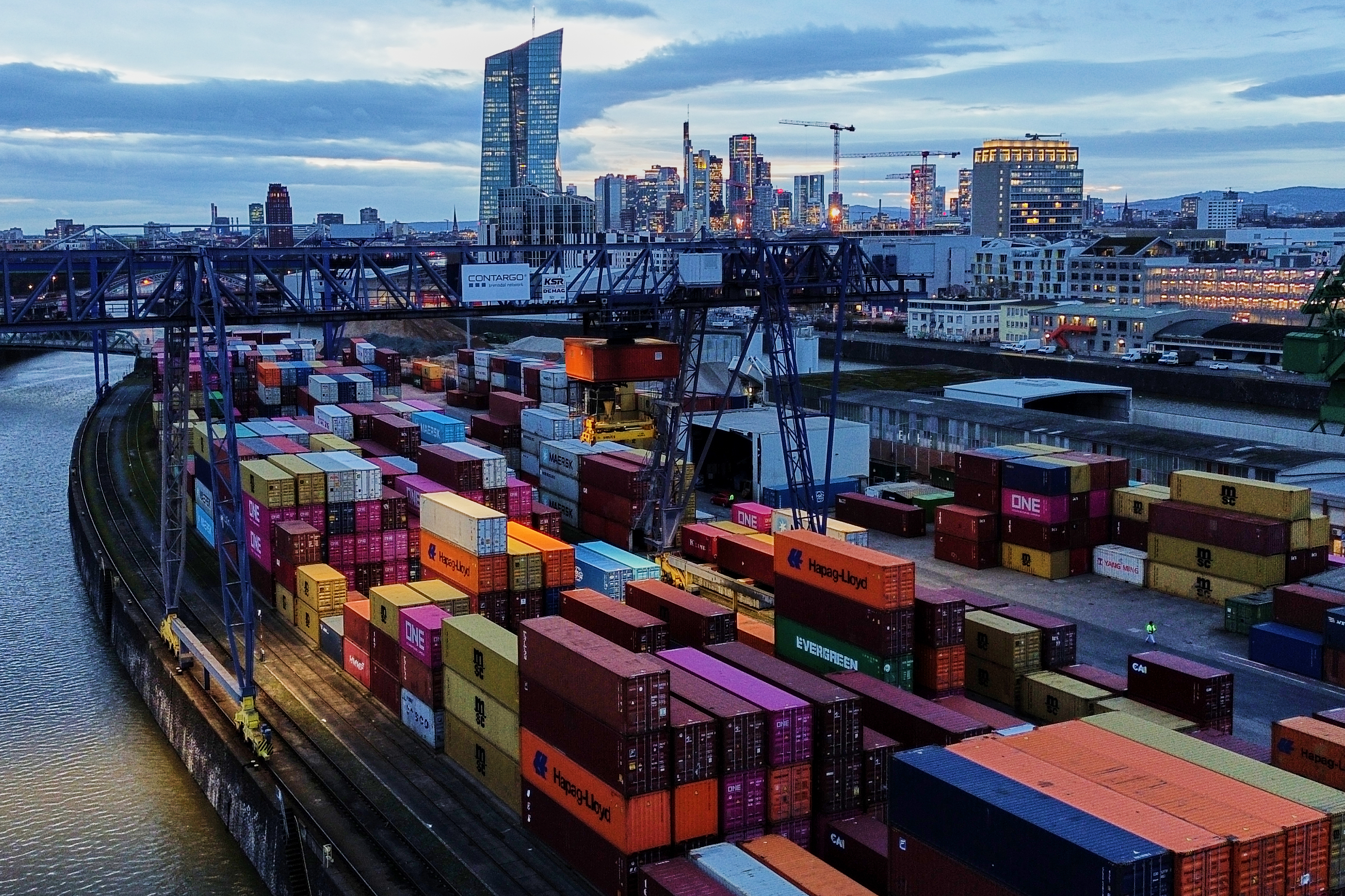 Containers in a cargo terminal in Frankfurt, Germany, Feb. 23, 2026.