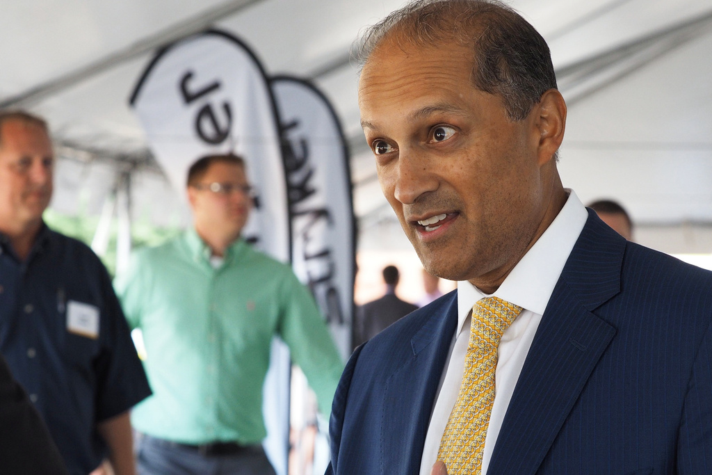 Stryker CEO Kevin Lobo is seen at a groundbreaking ceremony for their building in Portage, Mich., July 24, 2017.