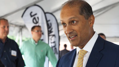 Stryker CEO Kevin Lobo is seen at a groundbreaking ceremony for their building in Portage, Mich., July 24, 2017.