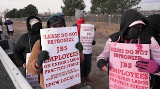 Meatpacking workers strike at Colorado's JBS-owned Swift Beef company Monday, March 16, 2026, in Greeley, Colo.