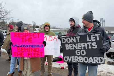 Strikers picketing outside Bath Iron Works in Bath, Maine, on Monday, May 23, 2026.