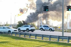 In this still image taken from a video provided by KBMT, smoke rises near the Valero Port Arthur Refinery in Port Arthur, Texas Monday, March 23, 2026.