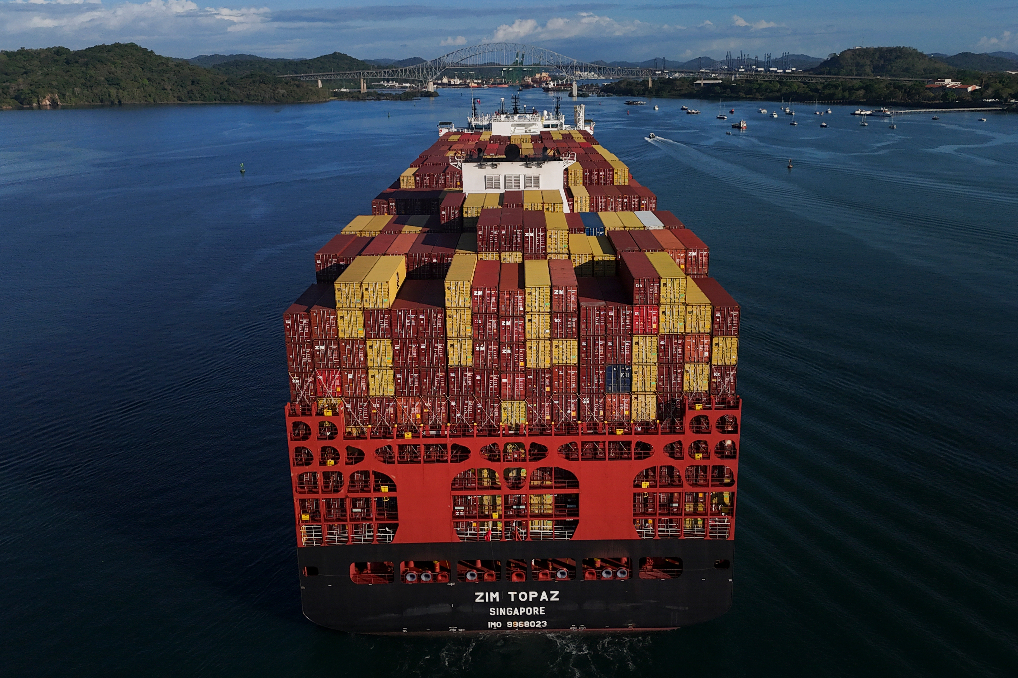 A cargo ship moves through the Panama Canal, March 25, 2026.