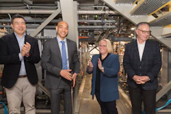 Mangrove's electrochemical lithium refining facility ribbon cutting ceremony in Delta, B.C. Pictured from L to R: InBC Chief Investment Officer Thomas Park, Mangrove Lithium CEO Saad Dara, Delta MP Jill McKnight, and Delta Mayor, George V. Harvie. Photo by Avrinder Dhillon/Mangrove Lithium.