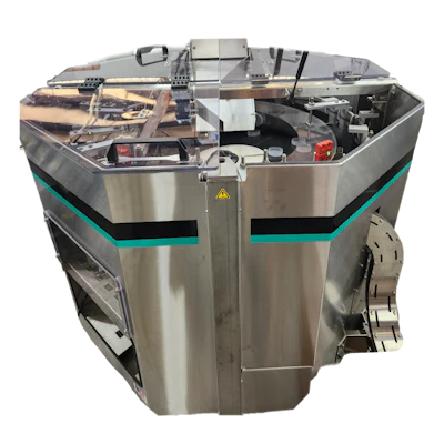 Industrial stainless steel machine with teal accent stripe and exposed mechanical components