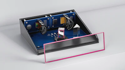 Internal electronics assembly with blue circuit board, components, and highlighted lower section