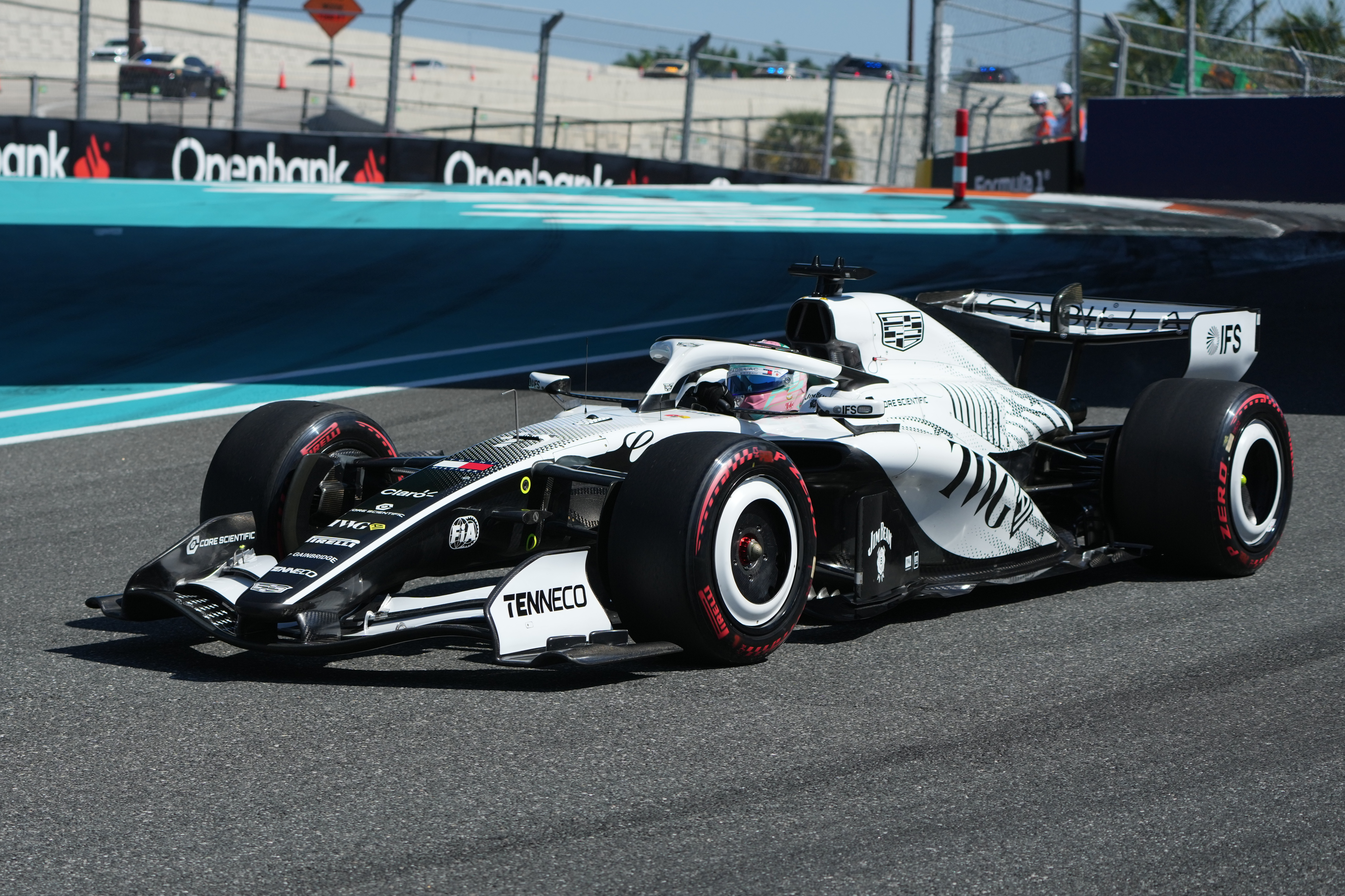 Cadillac driver Sergio Perez of Mexico steers his car during a qualifying session for the Miami Formula One Grand Prix auto race, Saturday, May 2, 2026, in Miami Gardens, Fla.