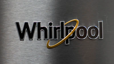 A logo for Whirlpool is seen at Riegelmann's Appliance on April 3, 2025, in Gresham, Ore.