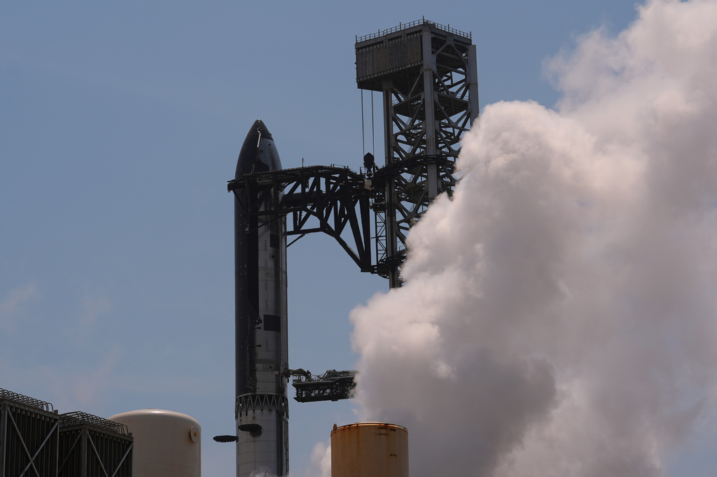 SpaceX's latest version of its mega rocket Starship is prepared for a test flight from Starbase, Texas, Wednesday, May 20, 2026.