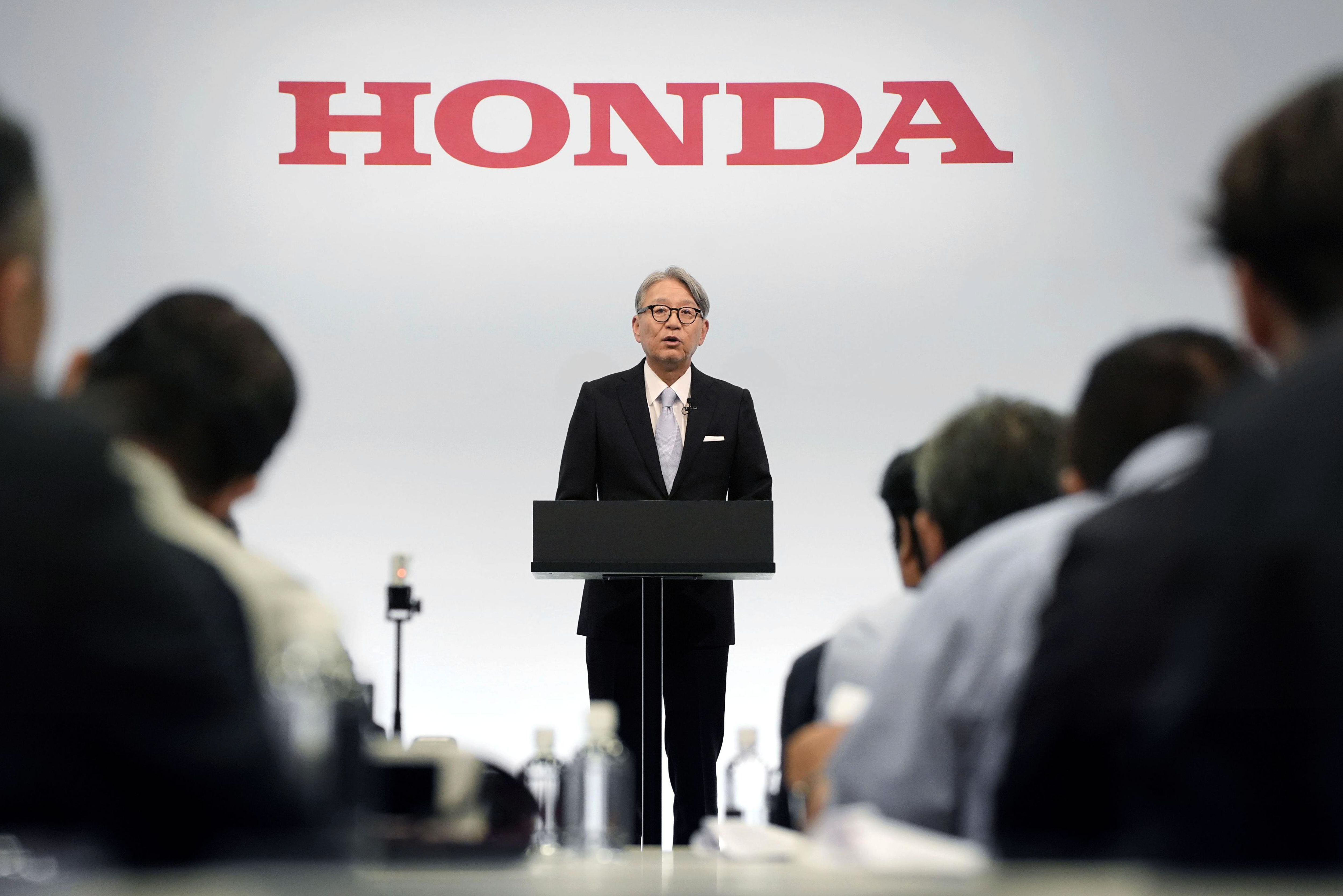 Honda's Chief Executive Toshihiro Mibe speaks at a press conference in Tokyo Thursday, May 14, 2026.