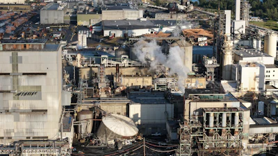 Damage is seen at Nippon Dynawave Packaging Co., after a tank containing hazardous liquid imploded, on Tuesday, May 26, 2026, in Longview, Wash.