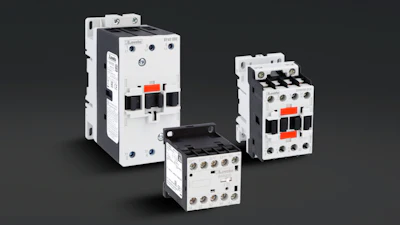 Three industrial electrical contactors and motor starters with white and black casings and red control switches