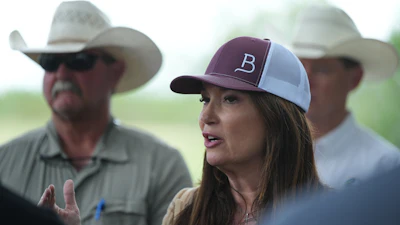 U.S. Agriculture Secretary Brooke Rollins talks about a sterile fly dispersal station placed on a ranch near La Pryor, Texas, June 11, 2026.