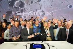 Gwynne Shotwell, President and COO of SpaceX, third from right, celebrates with colleagues during a bell ringing ceremony for the IPO of SpaceX at the Nasdaq MarketSite in New York, Friday, June 12, 2026, in New York.