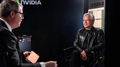 Jensen Huang, president and CEO of Nvidia, listens during an interview before a groundbreaking ceremony for an expansion of Coherent's manufacturing facility on Tuesday, June 16, 2026, in Sherman, Texas.