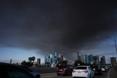 Smoke from a warehouse fire is seen in Los Angeles, June 17, 2026.