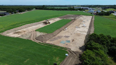 An aerial shot shows an archaeological site in Soften near Aarhus, Denmark, on June 22, 2026.