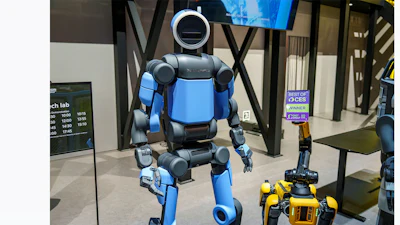 Boston Dynamics received a $25 million award to fund projects tied to manufacturing, workforce training and operations for the company’s Atlas (left), Spot (lower right) and Stretch platforms.