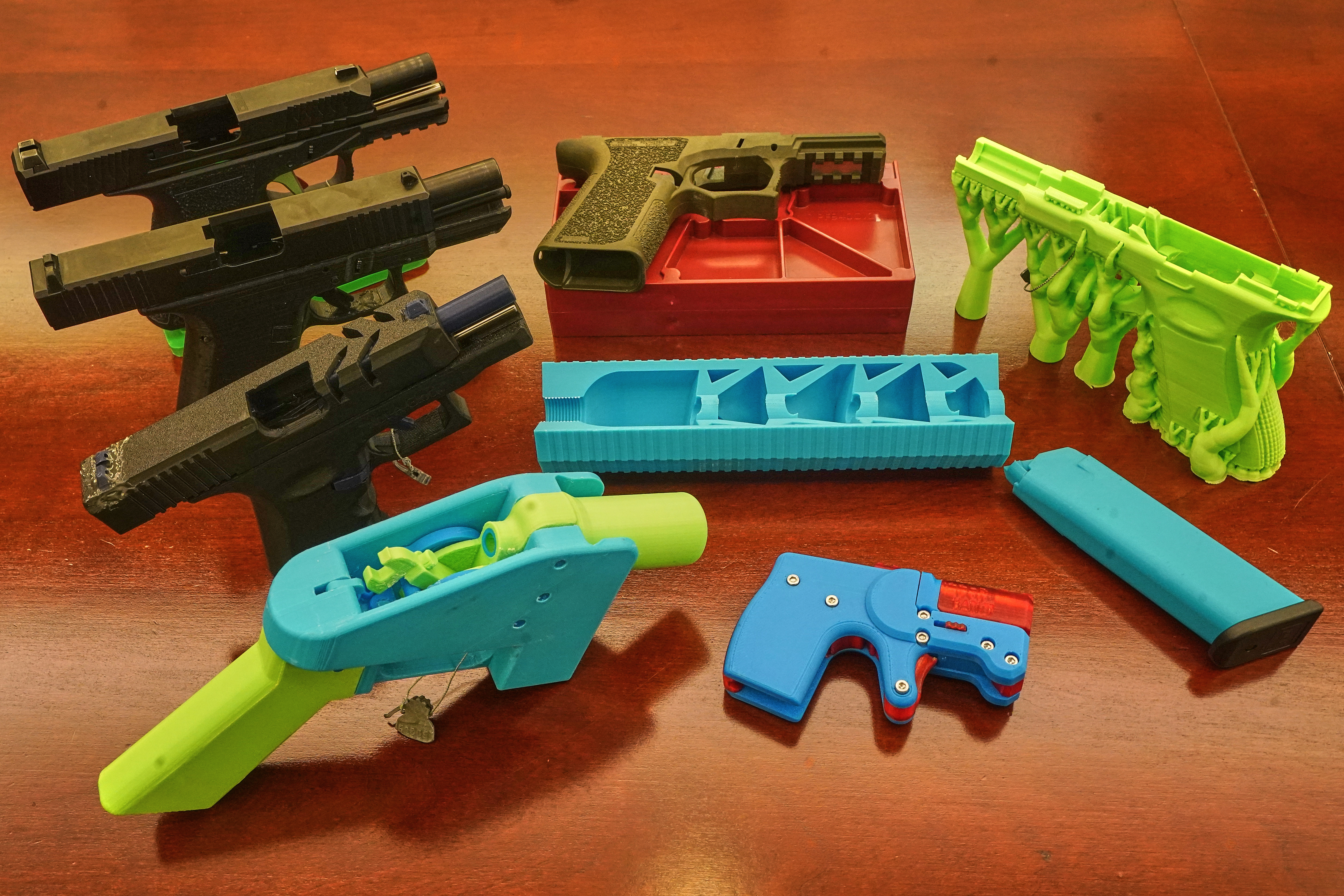 Ghost guns, provided by the New York City Police Department, are displayed in the Manhattan District Attorney's office, in New York, Oct. 15, 2025.