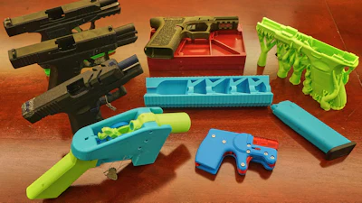 Ghost guns, provided by the New York City Police Department, are displayed in the Manhattan District Attorney's office, in New York, Oct. 15, 2025.
