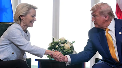 President Donald Trump and European Commission President Ursula von der Leyen shake hands after reaching a trade deal at the Trump Turnberry golf course in Turnberry, Scotland, on July 27, 2025.