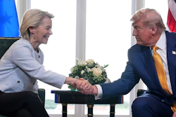 President Donald Trump and European Commission President Ursula von der Leyen shake hands after reaching a trade deal at the Trump Turnberry golf course in Turnberry, Scotland, on July 27, 2025.