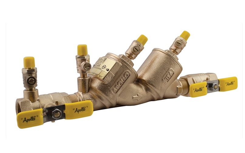 Apollo brass water valve assembly with yellow ball valve handles and multiple connection ports
