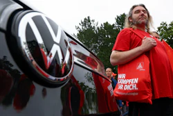 Employees of carmaker Volkswagen AG and IG Metall union members rally on the grounds of the Volkswagen headquarters on the day of the supervisory board meeting, in Wolfsburg, Germany, Thursday, July 9, 2026.