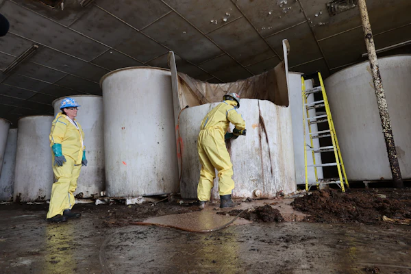 Sludge pours out of a vat of fermenting fish sauce in an abandoned factory, St. Mary's, Newfoundland and Labrador, July 28, 2026.