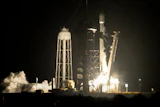 A SpaceX Falcon 9 rocket lifts off from pad 39A with a payload of a pair of lunar landers at the Kennedy Space Center in Cape Canaveral, Fla., Jan. 15, 2025.