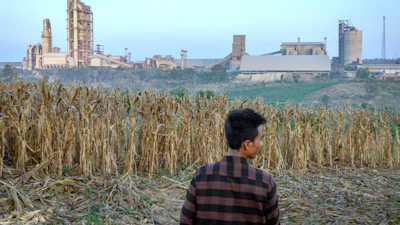 A farmer stands on a corm field as a cement factory seen in the background in Kendeng Mountains in Rembang, Central Java, Indonesia, Friday, June 19, 2026.