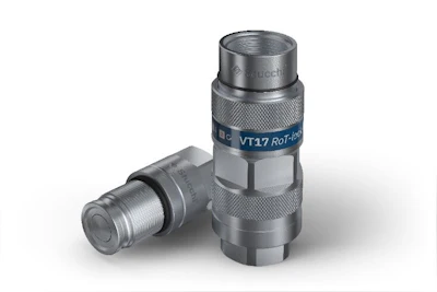 The VT-ZN RoT-lock is a 1-inch NPT flat-face screw coupler rated for operating pressures up to 500 bar. It combines a threaded connection, an automatic locking sleeve, a live swivel, an optimized connection thread, and residual-pressure connection capability.