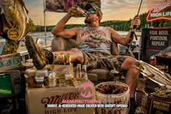 AI-generated illustration created using OpenAI's ChatGPT image generation tools. Depicts a fictional, exaggerated Wisconsin fishing scene.