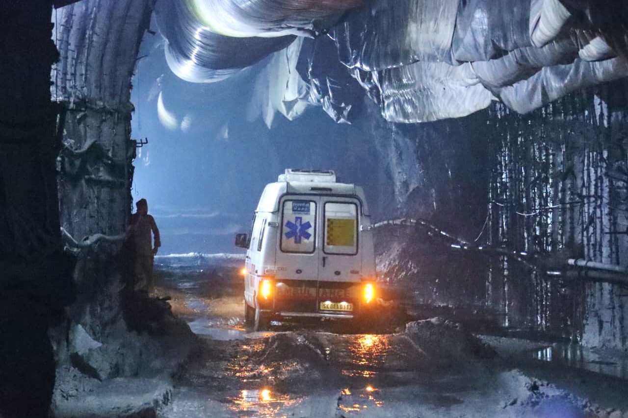 In this image provided by the Information and Public Relations Department, Government of Sikkim, an ambulance moves through an under-construction tunnel at a hydropower project in Samardung village, about 40 kms. (25 miles) from Gangtok, India, late Monday, July 20, 2026.