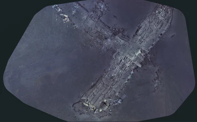 This undated composite image provided by the Air/Sea Heritage Foundation and Deep Sea Vision on Tuesday, July 21, 2026, shows the Clipper Endeavor wreck.