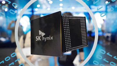 A logo of SK Hynix is seen at Korea Electronics Show in Seoul, South Korea, on Oct. 8, 2019. The big South Korean chipmaker will begin trading on the Nasdaq Friday, July 10, 2026.