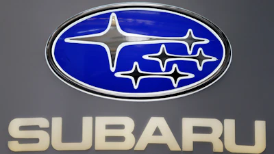 This Photo taken Feb. 14, 2013 shows a Subaru logo at the 2013 Pittsburgh Auto Show in Pittsburgh.