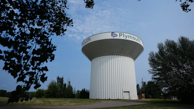 A water tower is seen Thursday, July 30, 2026, in Plymouth, Minn. A cyberattack targeted the operating technology at over 30 water systems in Minnesota, including Plymouth's, earlier this week, state officials said.
