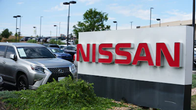 Sign carrying the corporate logo stands outside a Nissan dealership Monday, July 27, 2026, in Highlands Ranch, Colo.