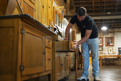 Wesley Mast, owner and president of Coppes Napanee, shows various models of Hoosier cabinets in the company's museum in Nappanee, Ind., Thursday, Aug. 6, 2026.