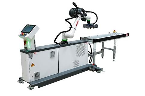 Industrial robotic welding or laser cutting machine with articulated arm and control panel