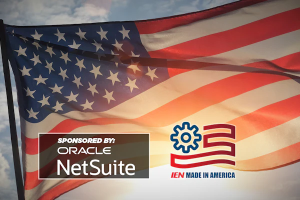 American flag waving with Oracle NetSuite and IEN Made in America logos in patriotic promotional graphic